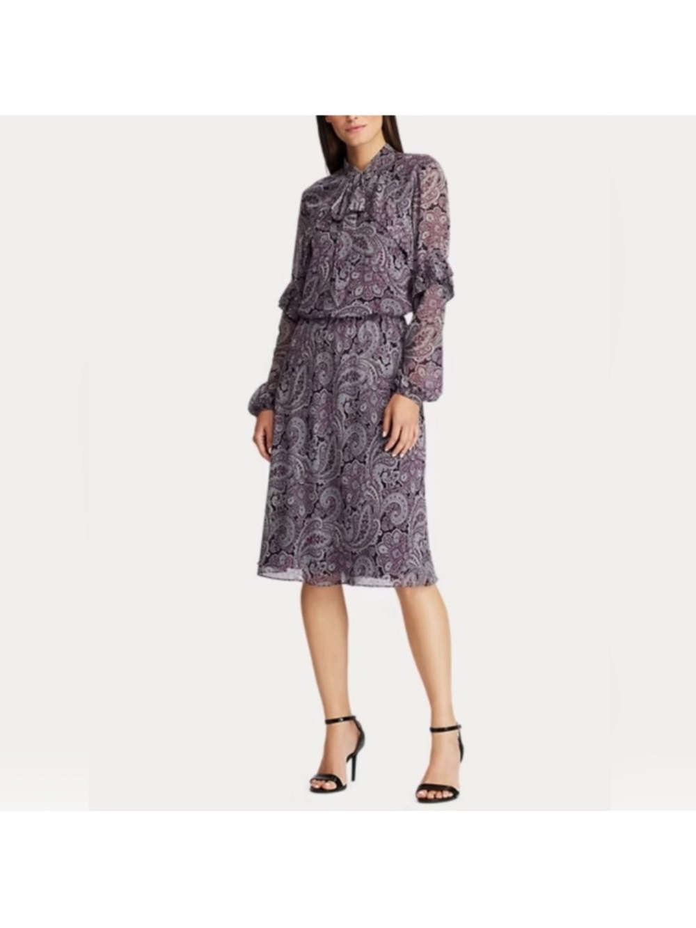 Lauren Ralph Lauren Purple Paisley Tie-Neck Long-Sleeve Midi Dress